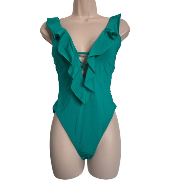 Becca One Piece Size Medium Removable Padded Swimsuit Green NWT Ruffle V- Neck - Picture 8 of 8